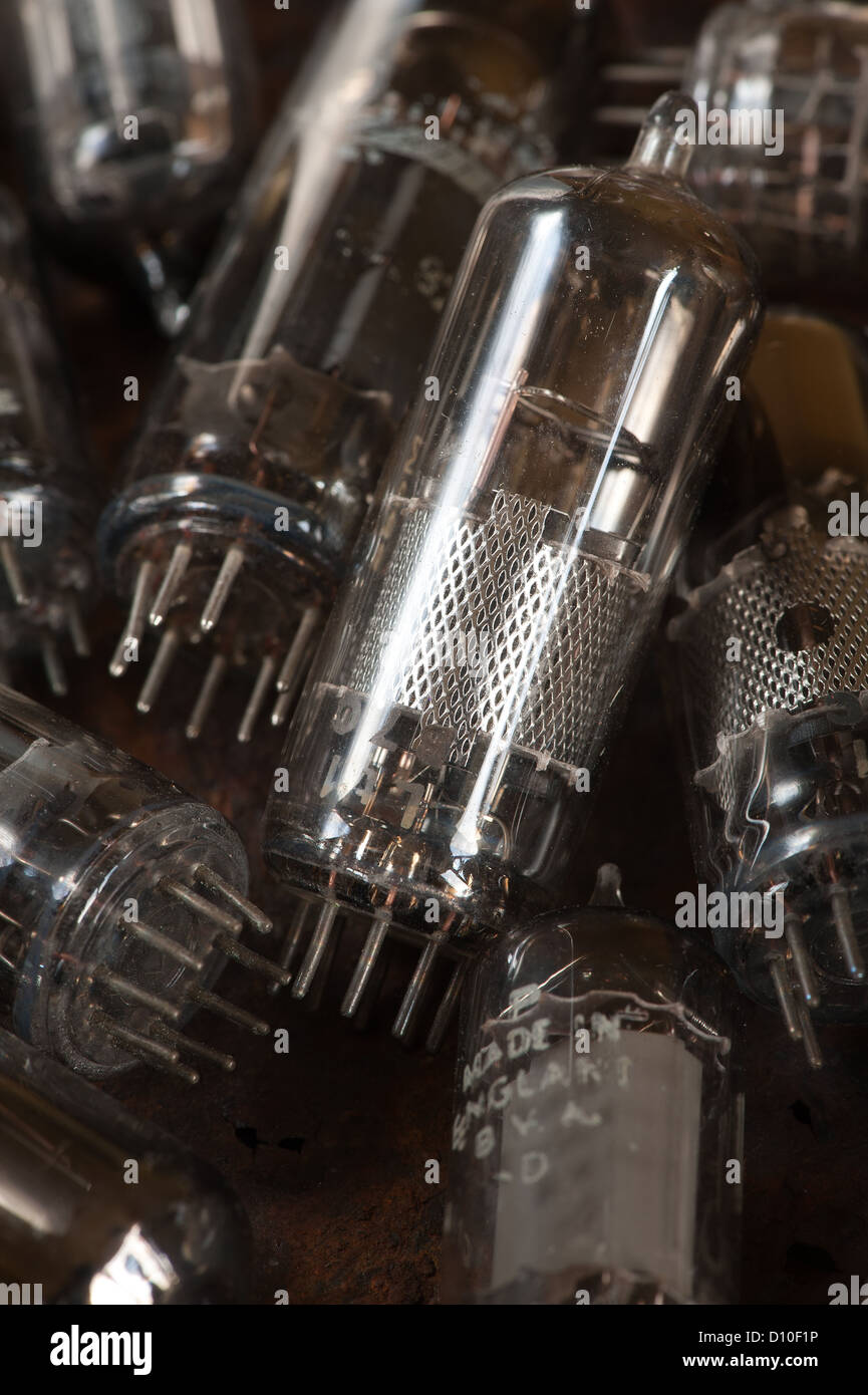 Pile of old used glass vacuum tubes used in radio and early tv crt