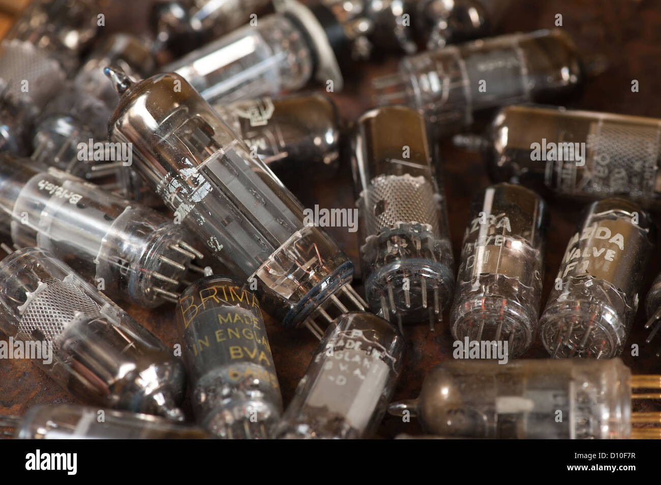 Pile of old used glass vacuum tubes used in radio and early tv crt