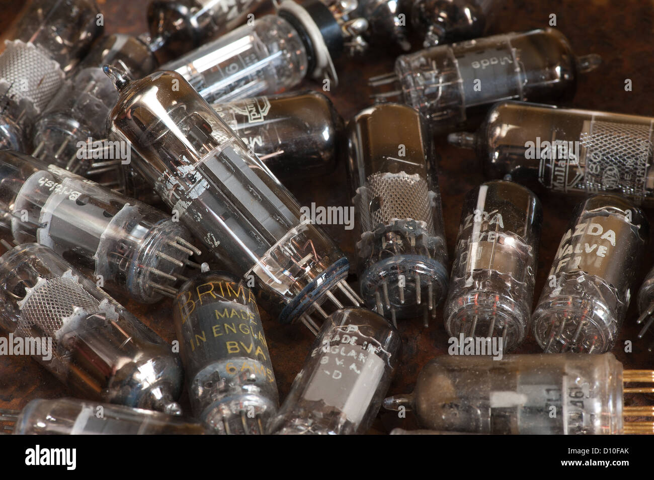 Pile of old used glass vacuum tubes used in radio and early tv crt