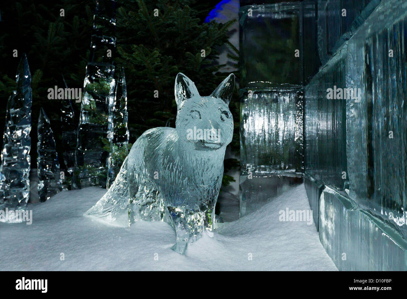 Carved Ice Sculpture Of A Fox In The ice Kingdom At The Winter ...