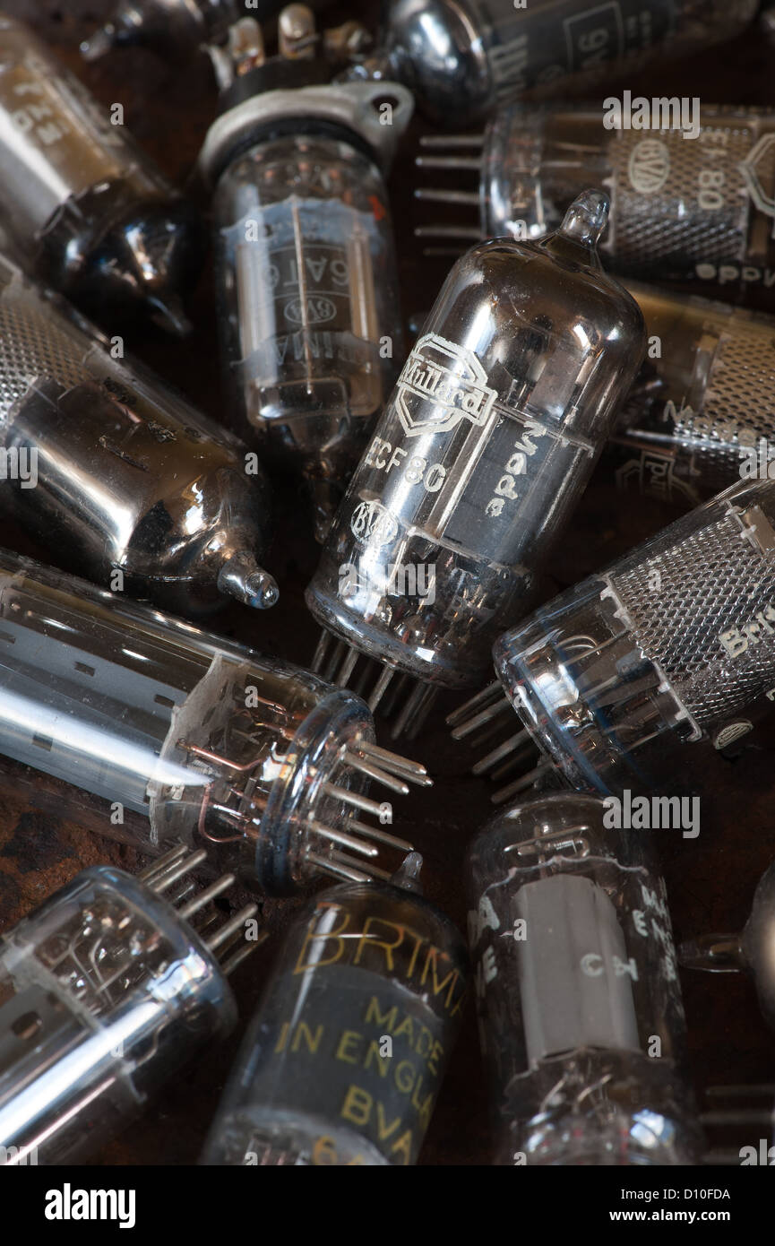 Pile of old used glass vacuum tubes used in radio and early tv crt