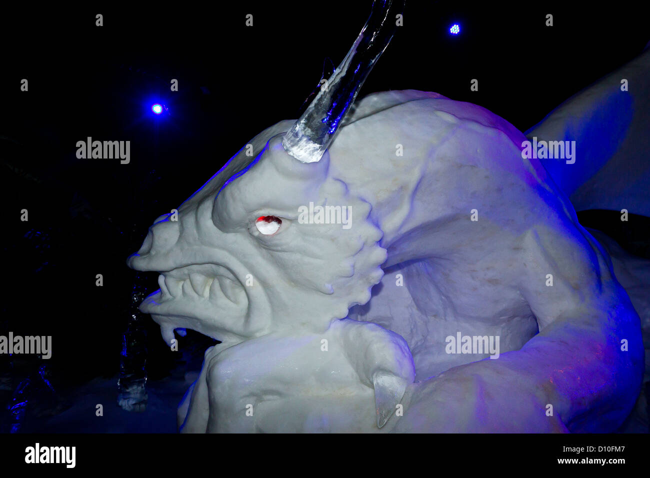 Carved Ice Sculpture Of A Dragon In The ice Kingdom At The Winter ...