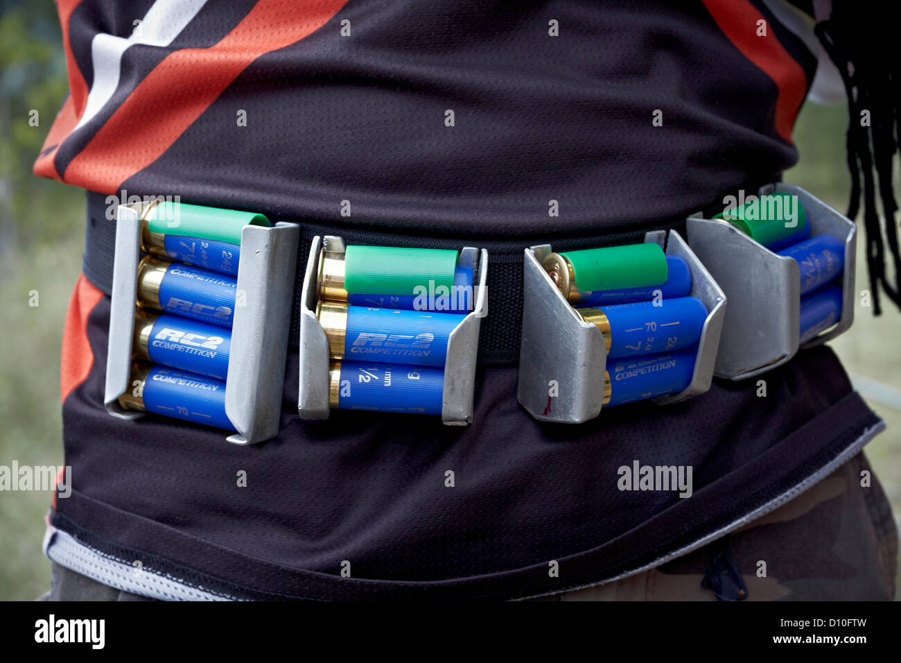 Ammunition belt and cartridges worn at a clay pigeon shoot Stock Photo