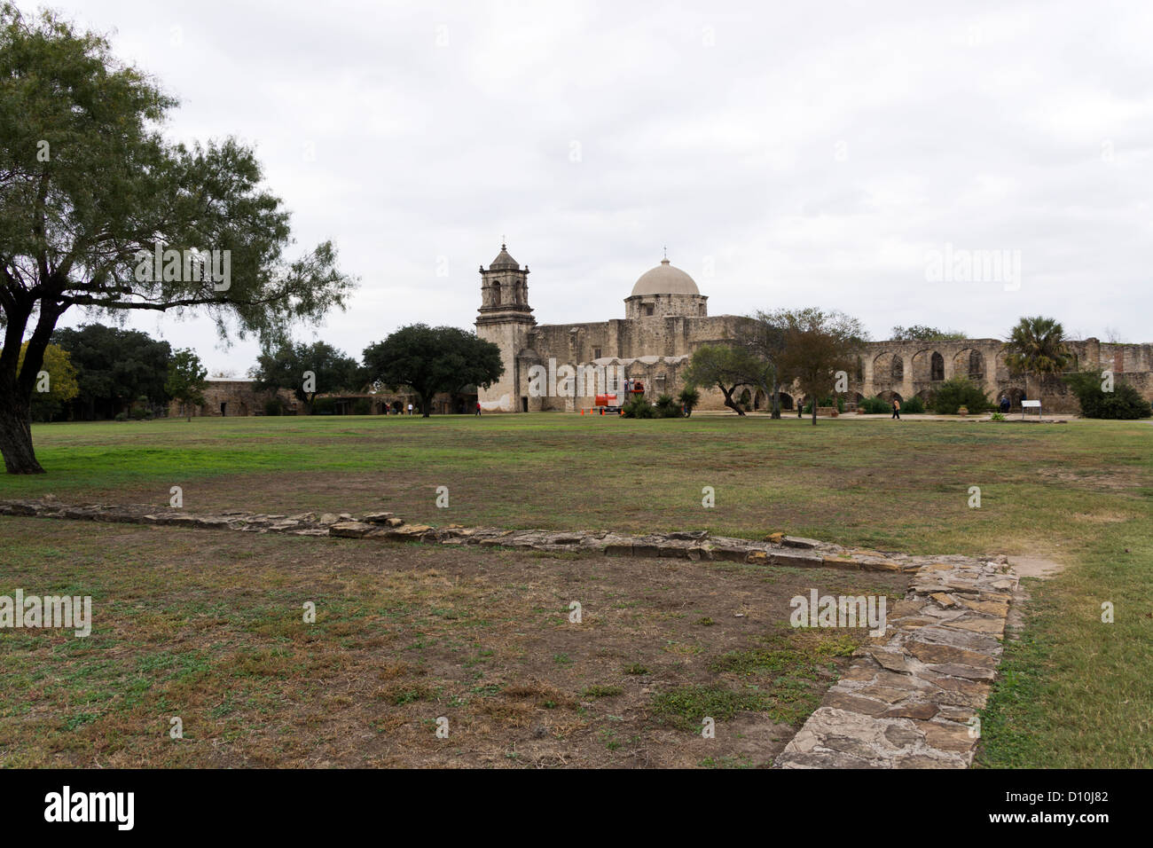 Mission San Jose', Queen of the missions, with the church and Romanesque arched cloisters in the background. Stock Photo