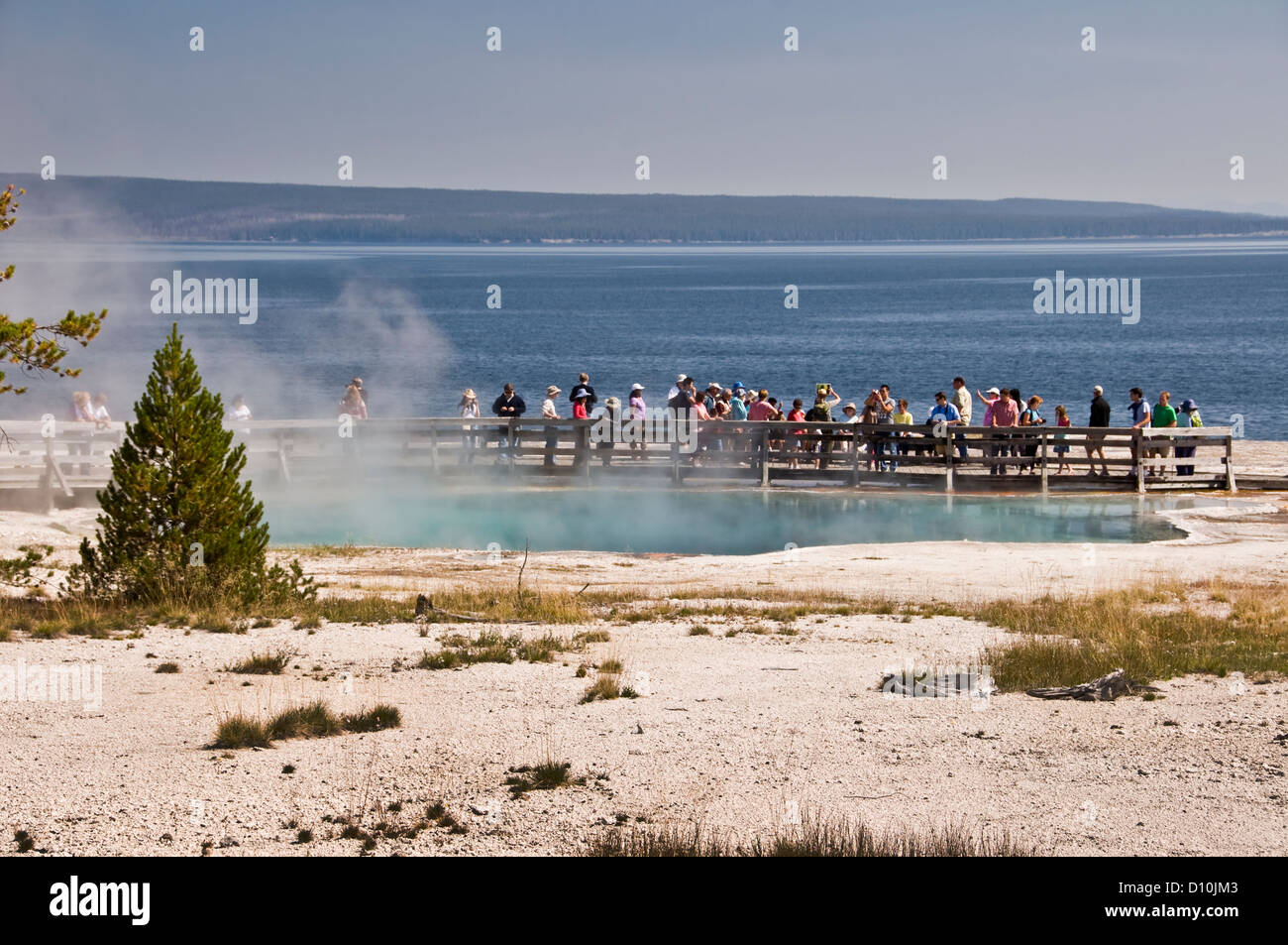 Tourists observing a steaming hot spring - West thumb geyser basin, Yellowstone Lake, Yellowstone national Park - Wyoming, USA Stock Photo