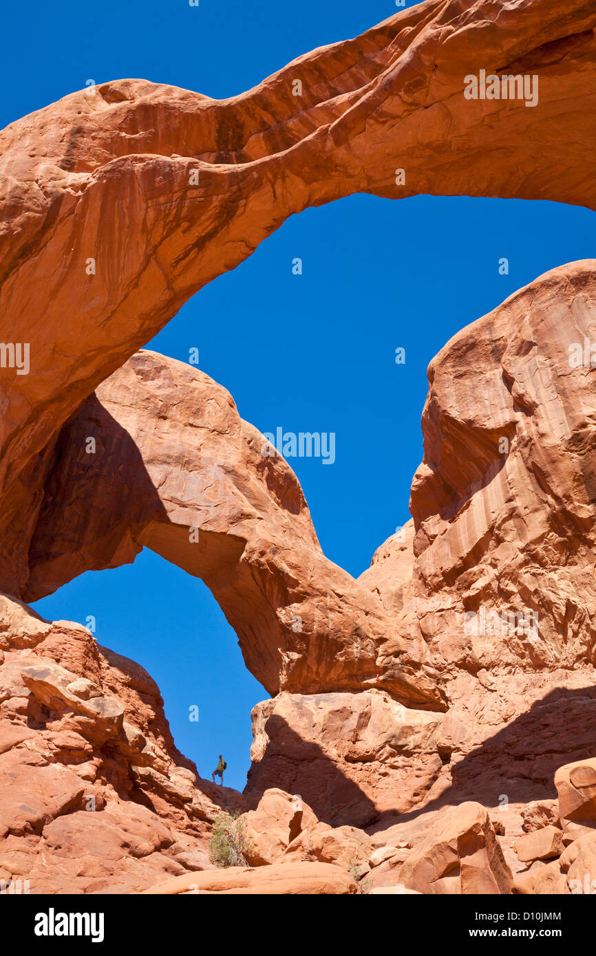 Hiker stood in the archway at Double Arch Arches national park, near Moab, Utah United States of America, USA Stock Photo