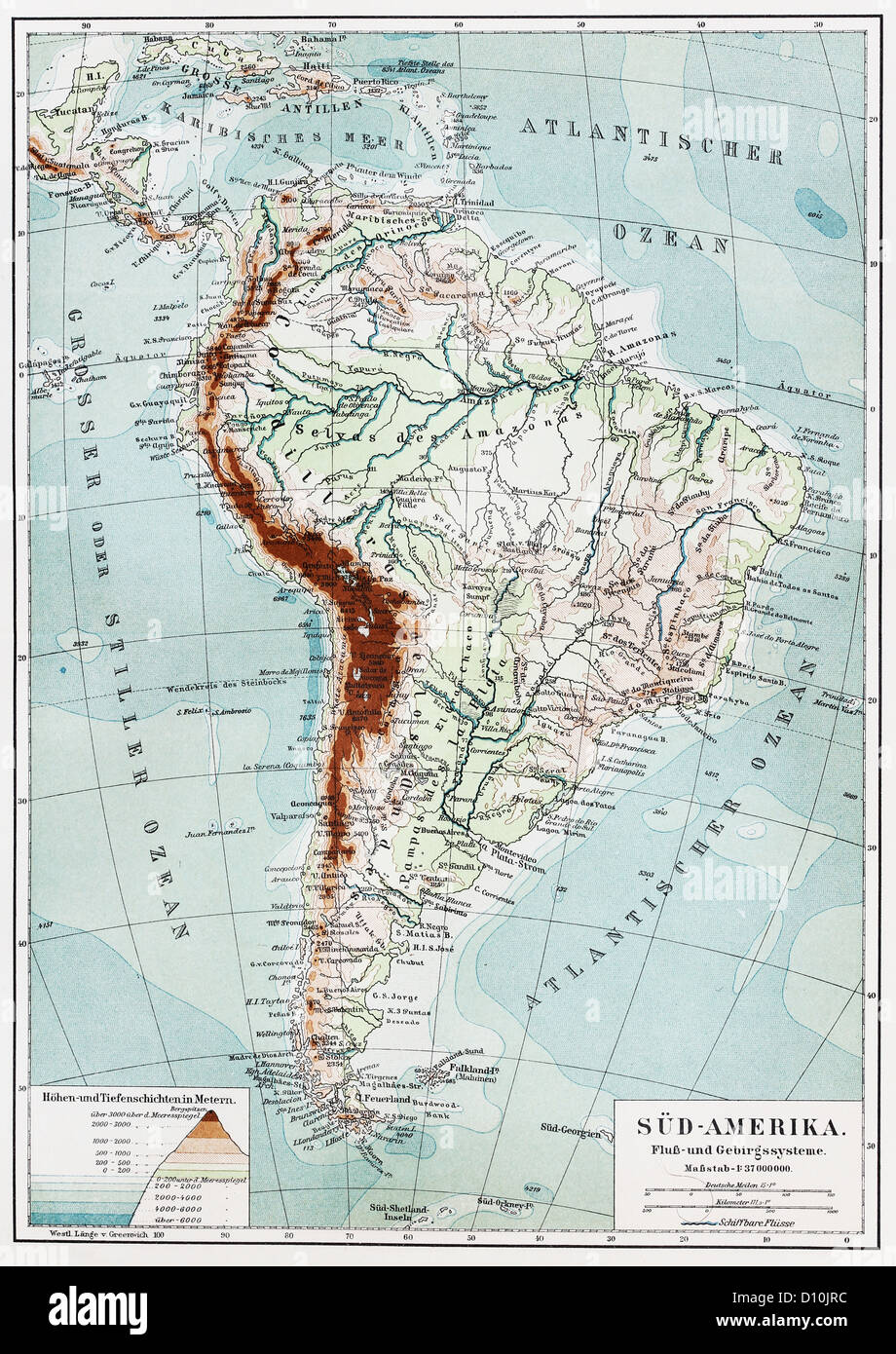 Vintage map of South America, rivers and mountains system from the end of 19th century Stock Photo