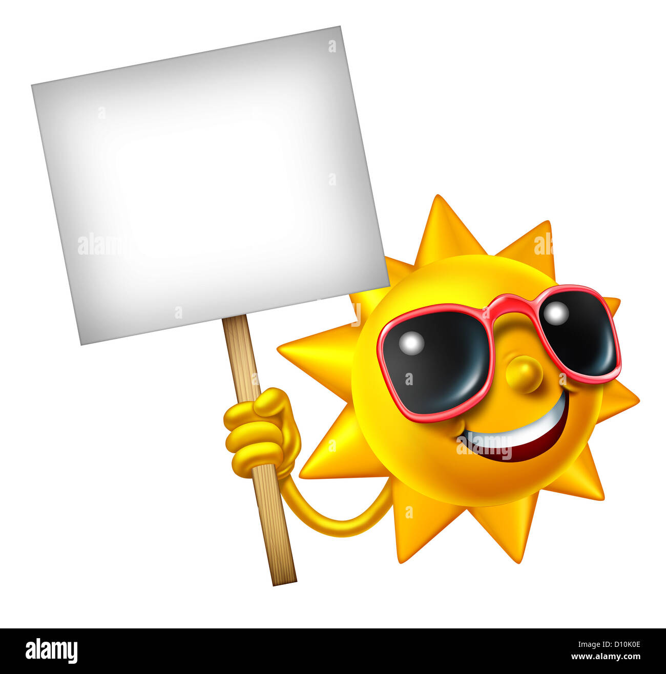 Fun in the sun isolated mascot holding a blank sign as a hot summer three dimensional cartoon character for leisure sunny vacation time and advertisement or communication of holiday relaxation. Stock Photo