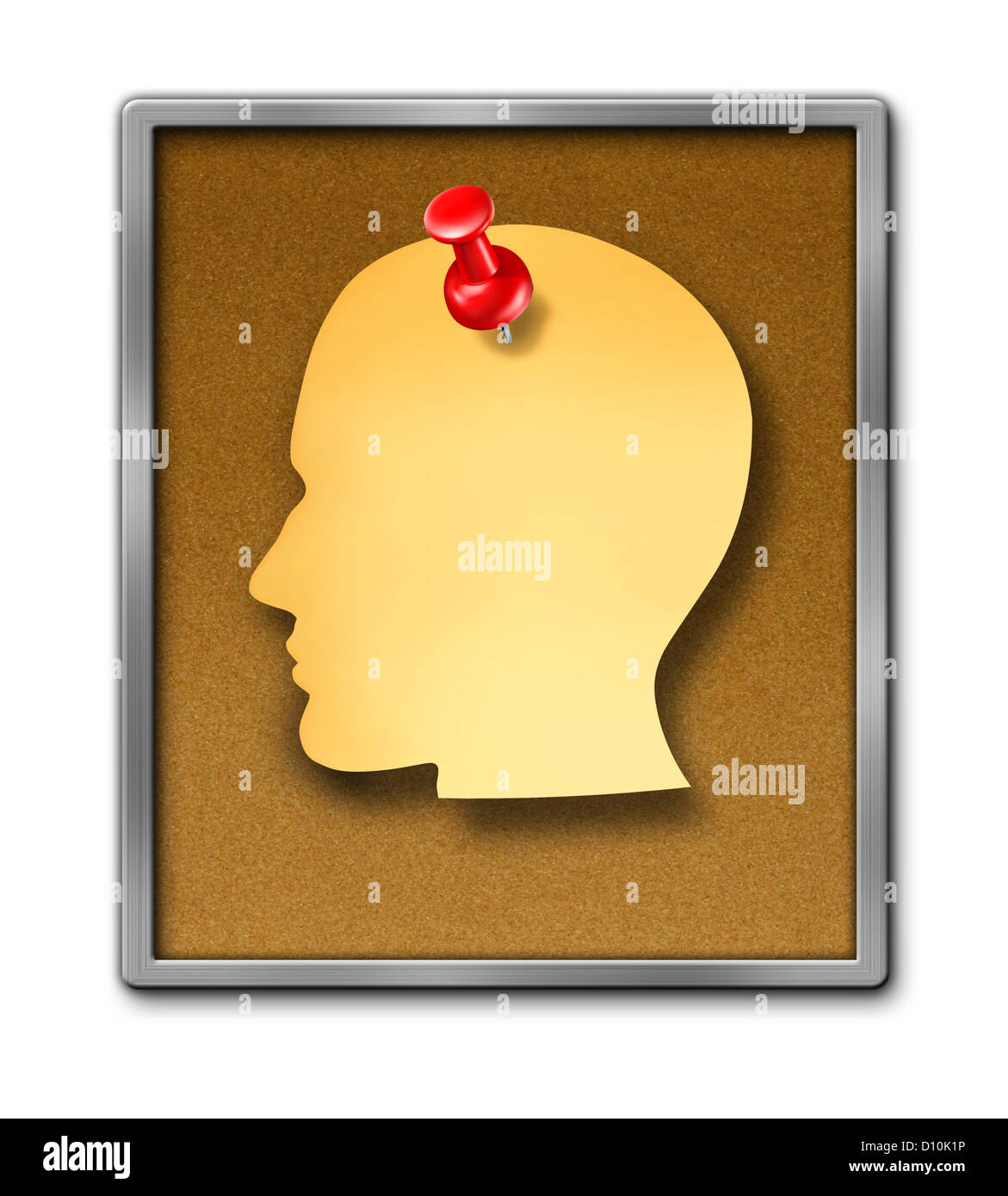 Human paper note reminder in the shape of a head as a blank yellow sheet and a red thumb tack pin on a cork board frame as a health care dementia symbol of memories and a business schedule reminder. Stock Photo