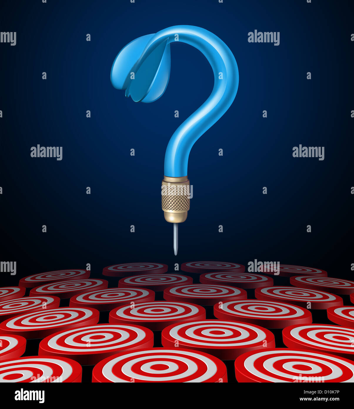 Strategy choice and strategic options as a blue dart in the shape of a question mark as a business symbol of uncertainty in choosing the right plan for success on black. Stock Photo