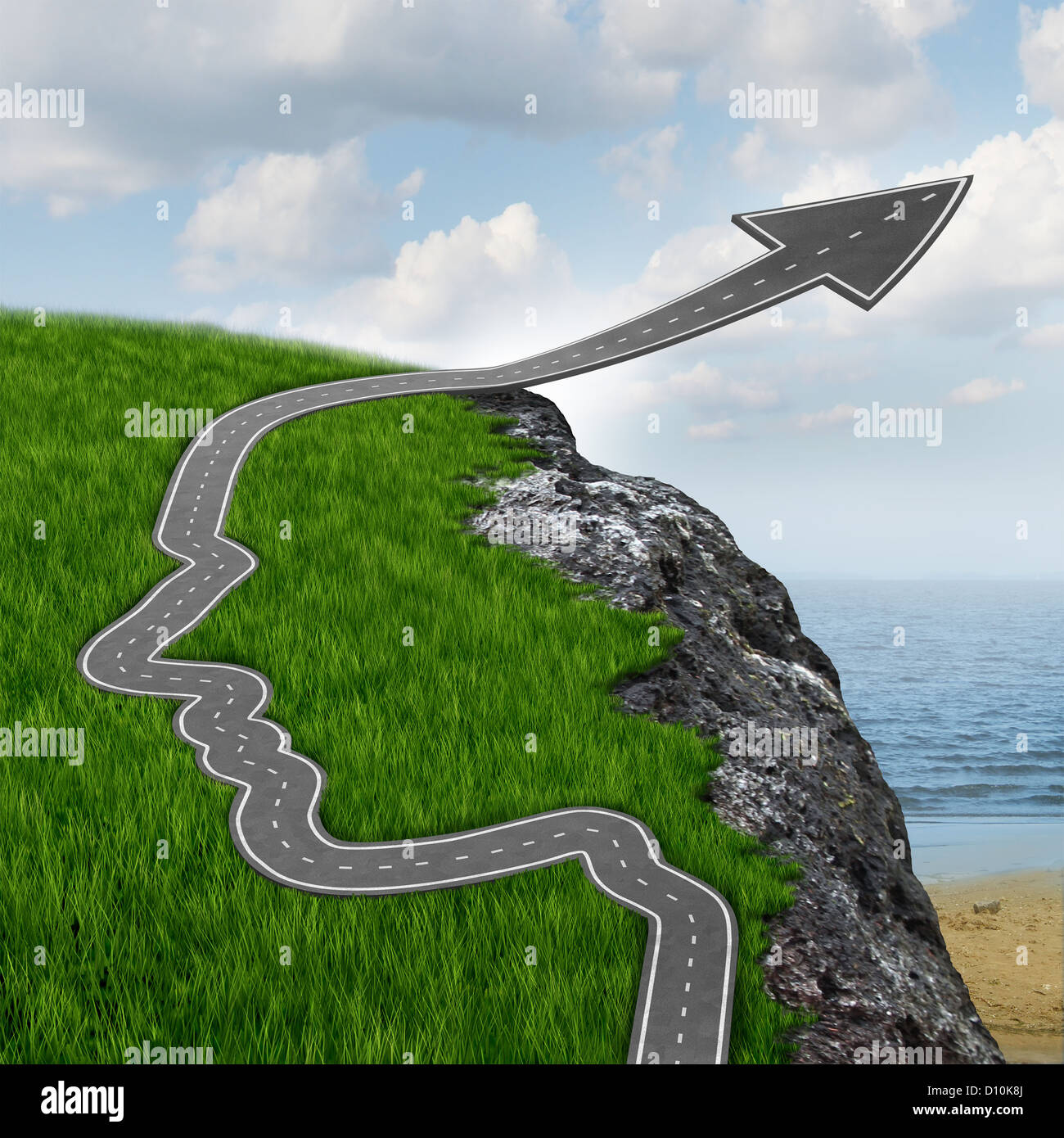Success and risk and believing in yourself setting your mind free with a highway in the shape of a human head going up as an arrow over a dangerous rock cliff. Stock Photo