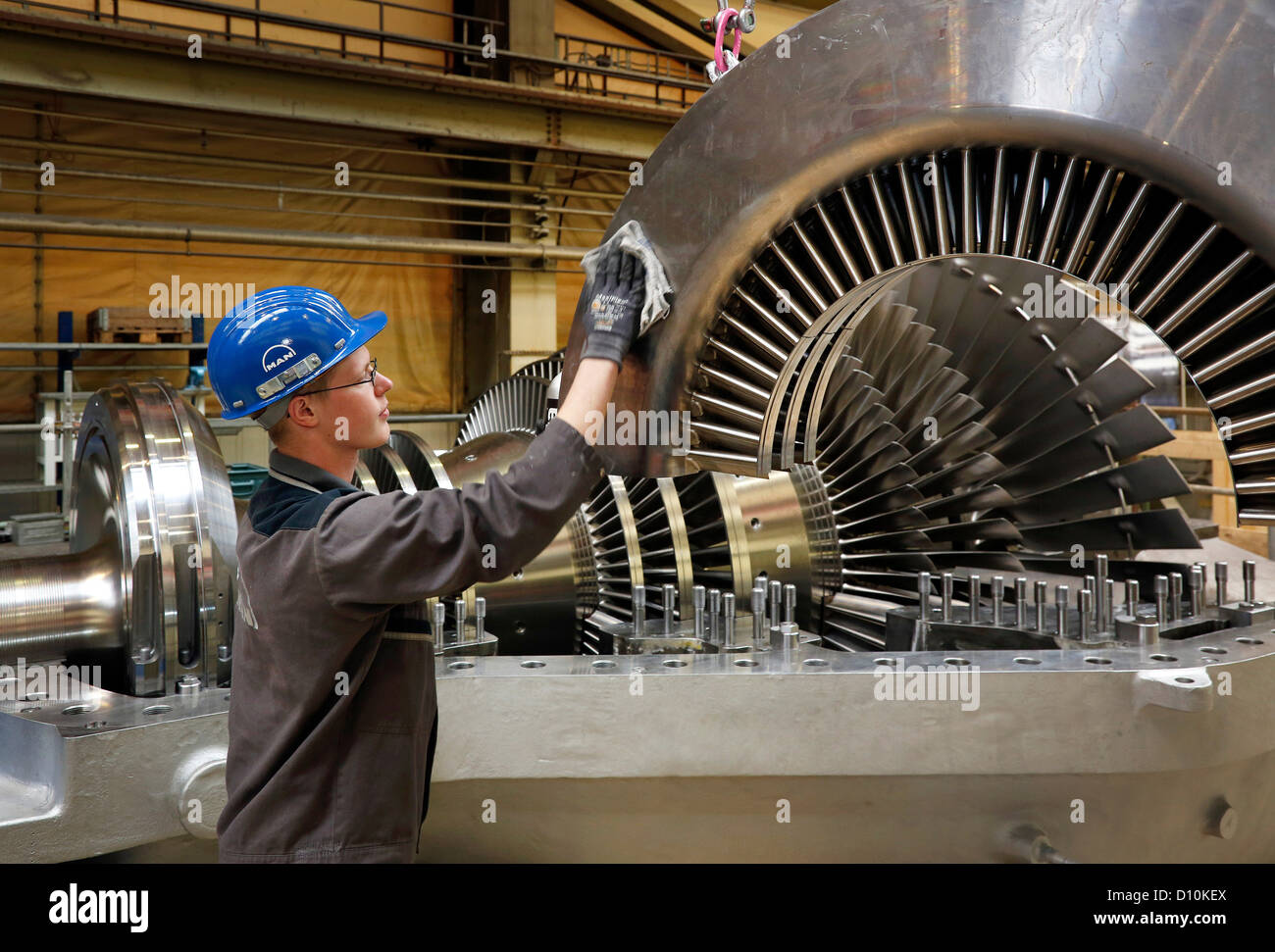 Oberhausen, Germany, industrial mechanic working on a steam turbine at