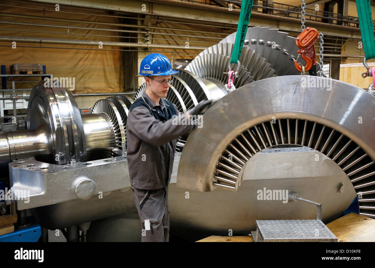 Oberhausen, Germany, industrial mechanic working on a steam turbine at