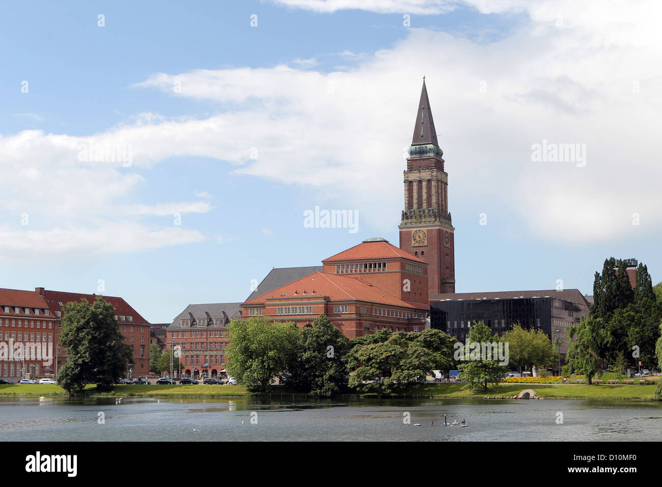 Kiel, Germany, view over a small keel with the Kiel City Hall Tower and the Kiel Opera House Stock Photo