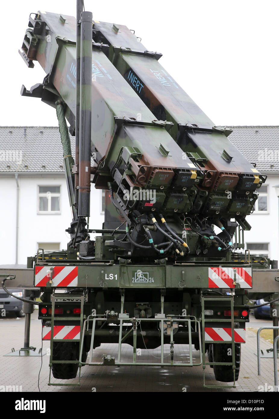 A PAC 3 patriot missile system firing device also intended for anti-rocket defense is demonstrated at the Recknitztal barracks during the annual reception of anti-aircraft squadron 2 in Bad Suelze, Germany, 04 December 2012. According the news reports in the last weeks, this type of anti-aircraft system could be used on the Turkish-Syrian border. Photo: BERND WUESTNECK Stock Photo
