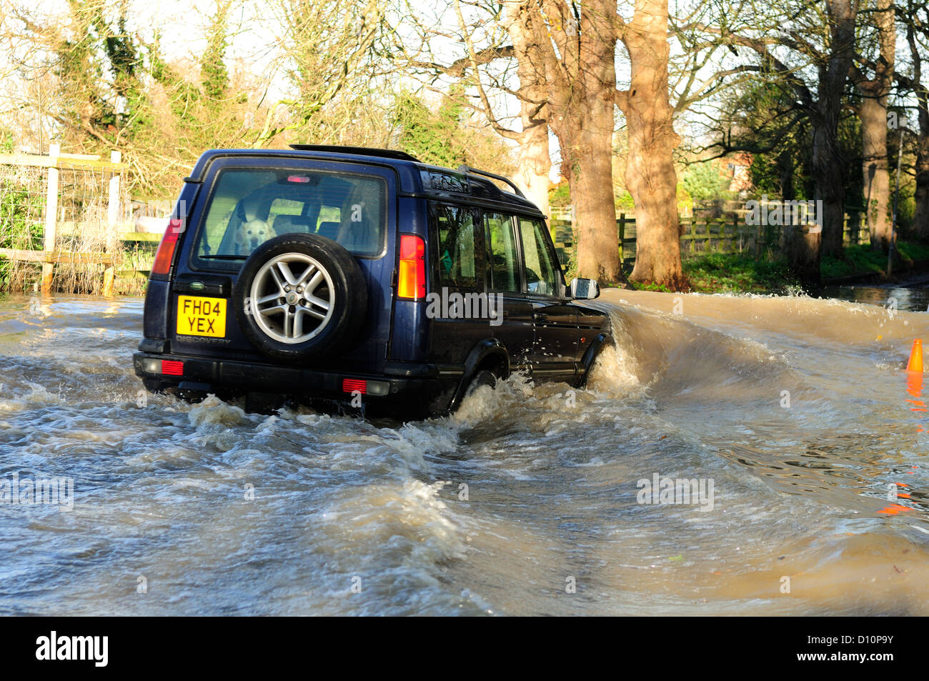 4X4 Driving In Deep Flood Water.Colston Bassett Nottinghamshire. Stock Photo
