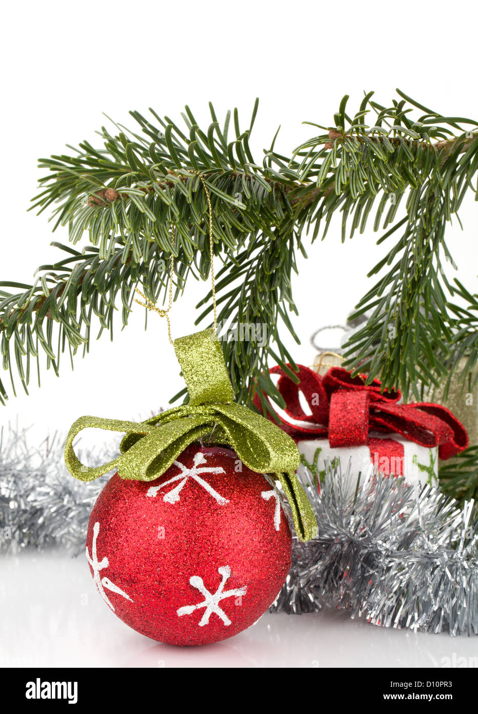 Christmas decor with fir tree. Isolated on white background Stock Photo ...