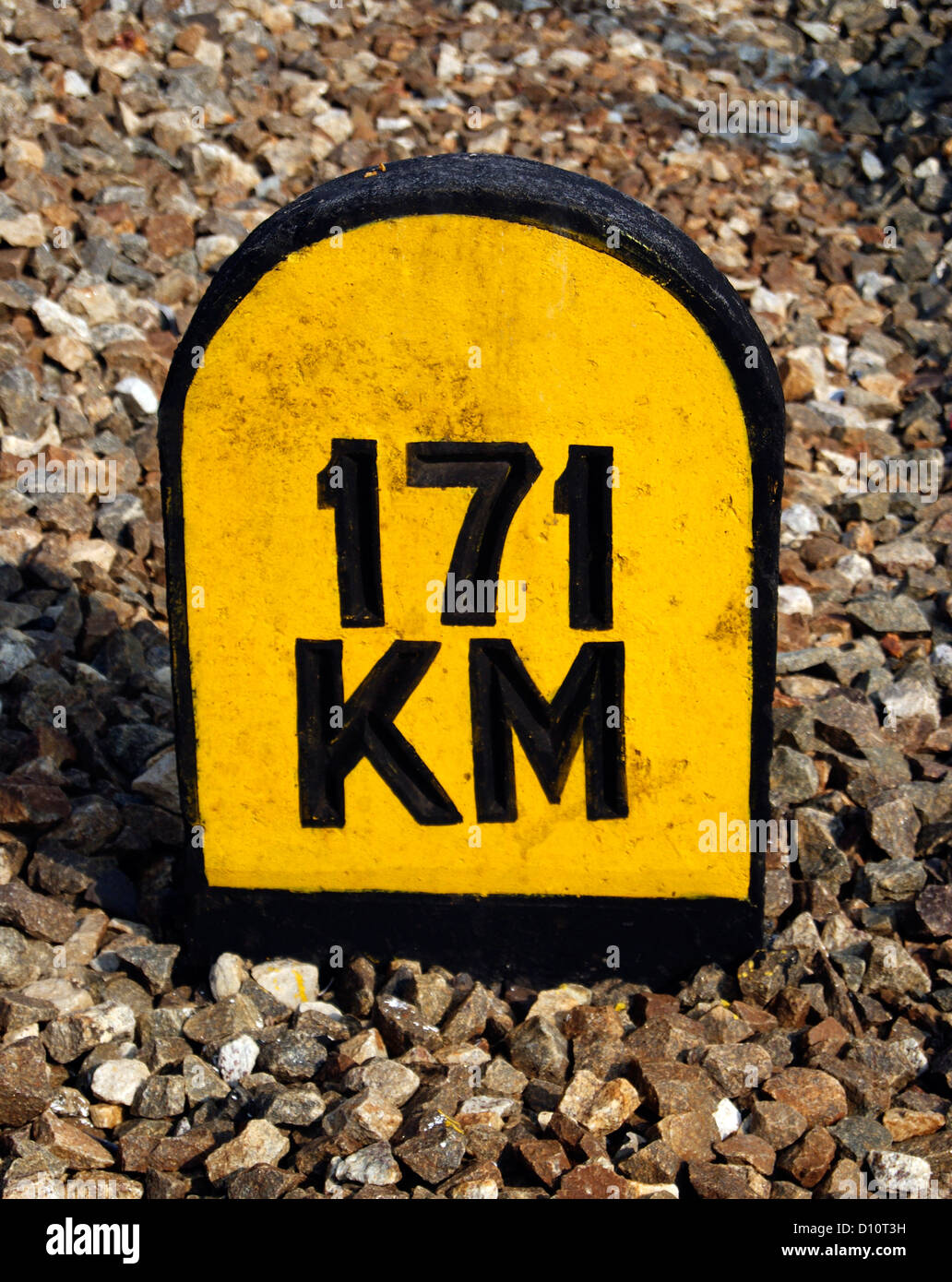 Milestone of Indian Railway Indicating Distance in Kilometer Stock Photo