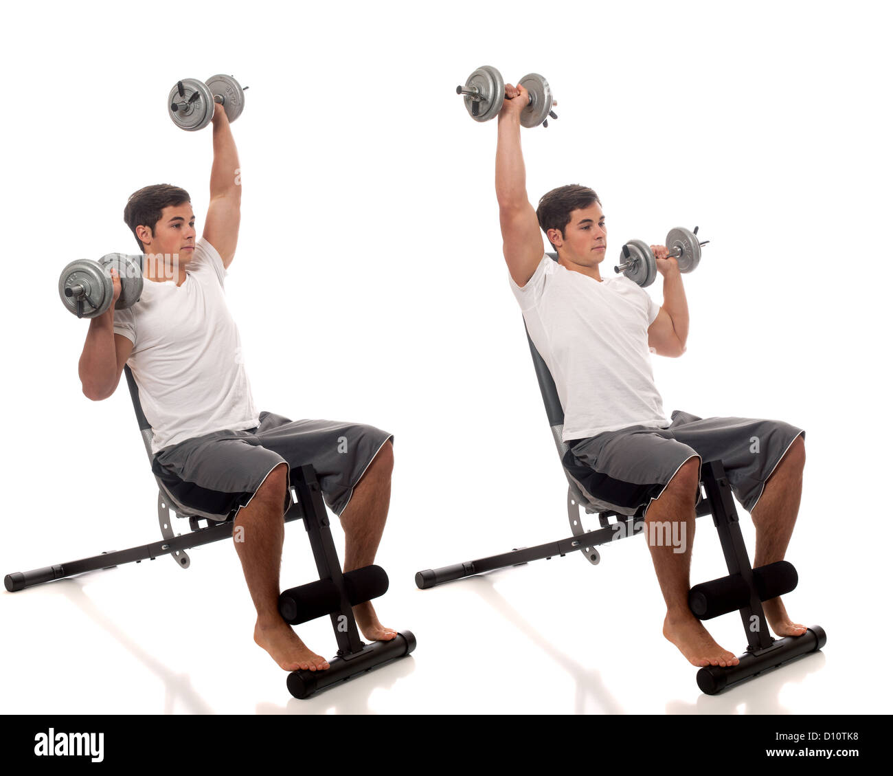 Young man lifting weights. Studio shot over white. Stock Photo
