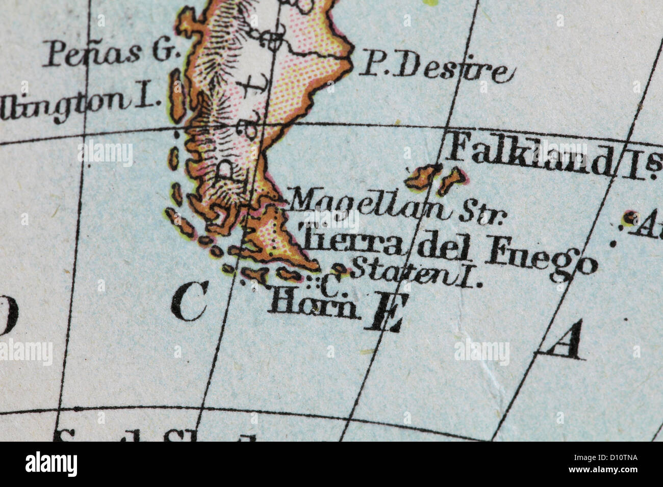 Antique map by W and A&K Johnston, printed in c.1888.  Illustrating the World in hemispheres.  Zoomed in on Falkland Islands Stock Photo