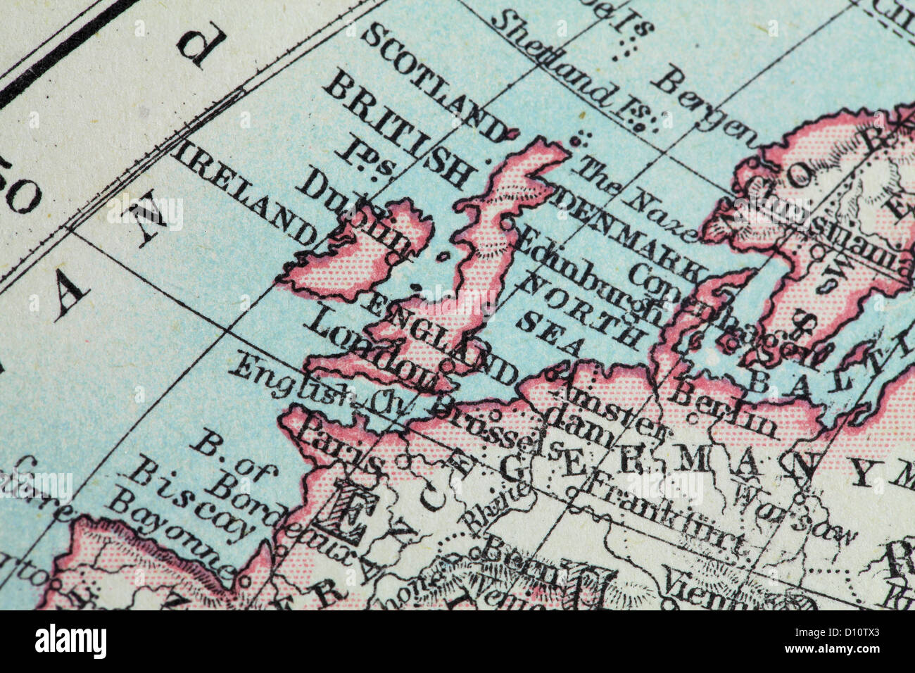 Antique map by W and A&K Johnston, printed in c.1888.  Illustrating the World in hemispheres.  Zoomed in on UK Stock Photo