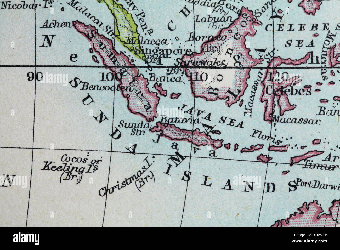Antique map by W and A&K Johnston, printed in c.1888.  Illustrating the World in hemispheres.  Zoomed in on Sunda Islands Stock Photo