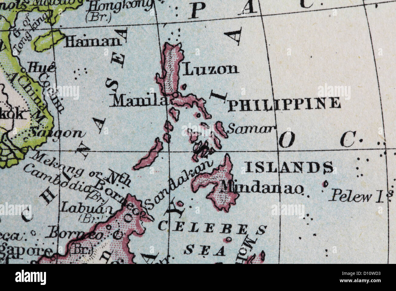 Antique map by W and A&K Johnston, printed in c.1888.  Illustrating the World in hemispheres.  Zoomed in on Philippines Stock Photo