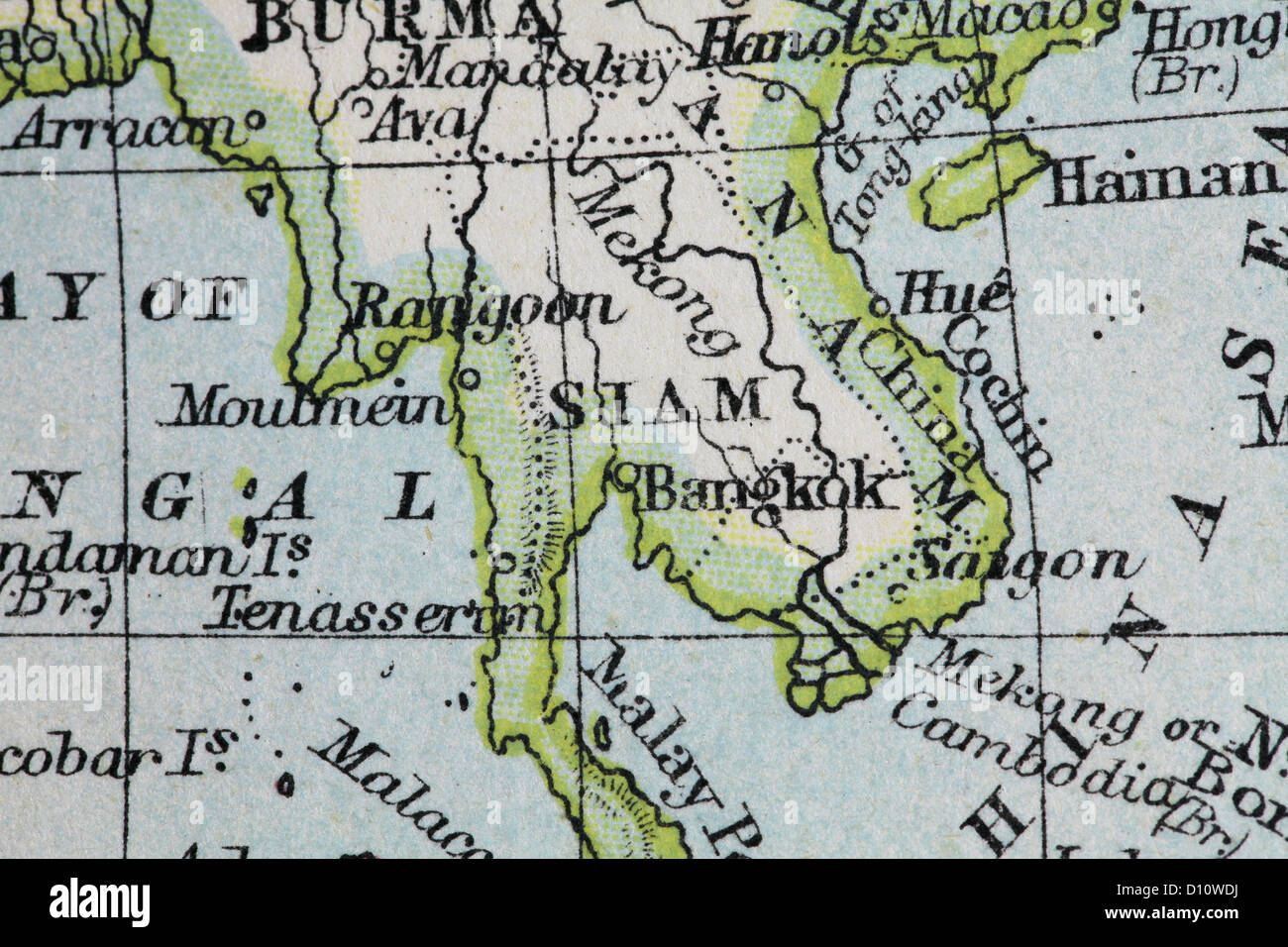 Antique map by W and A&K Johnston, printed in c.1888.  Illustrating the World in hemispheres.  Zoomed in on Siam (Thailand) Stock Photo