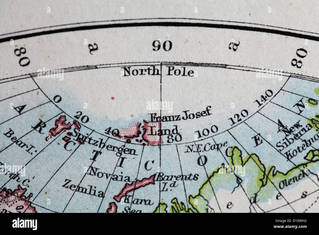 Antique map by W and A&K Johnston, printed in c.1888.  Illustrating the World in hemispheres.  Zoomed in on North Pole Stock Photo