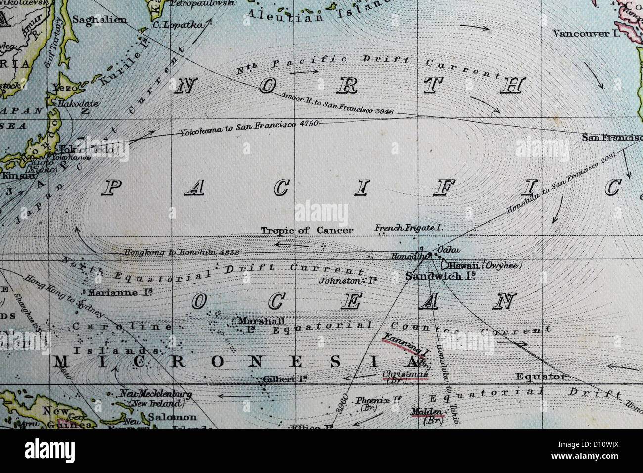 Antique map by W and A&K Johnston, printed in c.1888.  Illustrating the world.  Zoomed in on North Pacific Ocean Stock Photo