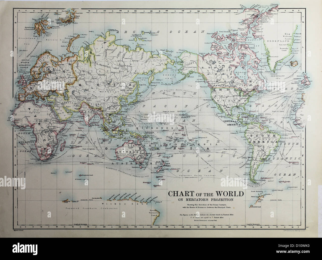 Antique map by W and A&K Johnston, printed in c.1888.  Illustrating the world. Stock Photo