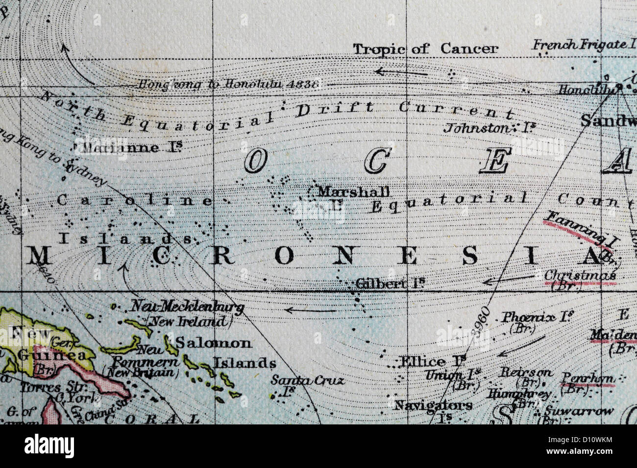 Antique map by W and A&K Johnston, printed in c.1888.  Illustrating the world.  Zoomed in on Micronesia Stock Photo
