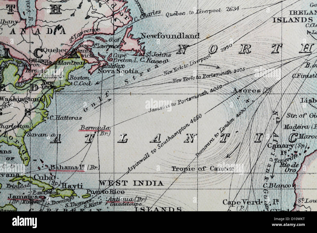 Antique map by W and A&K Johnston, printed in c.1888.  Illustrating the world.  Zoomed in on North Atlantic Ocean Stock Photo