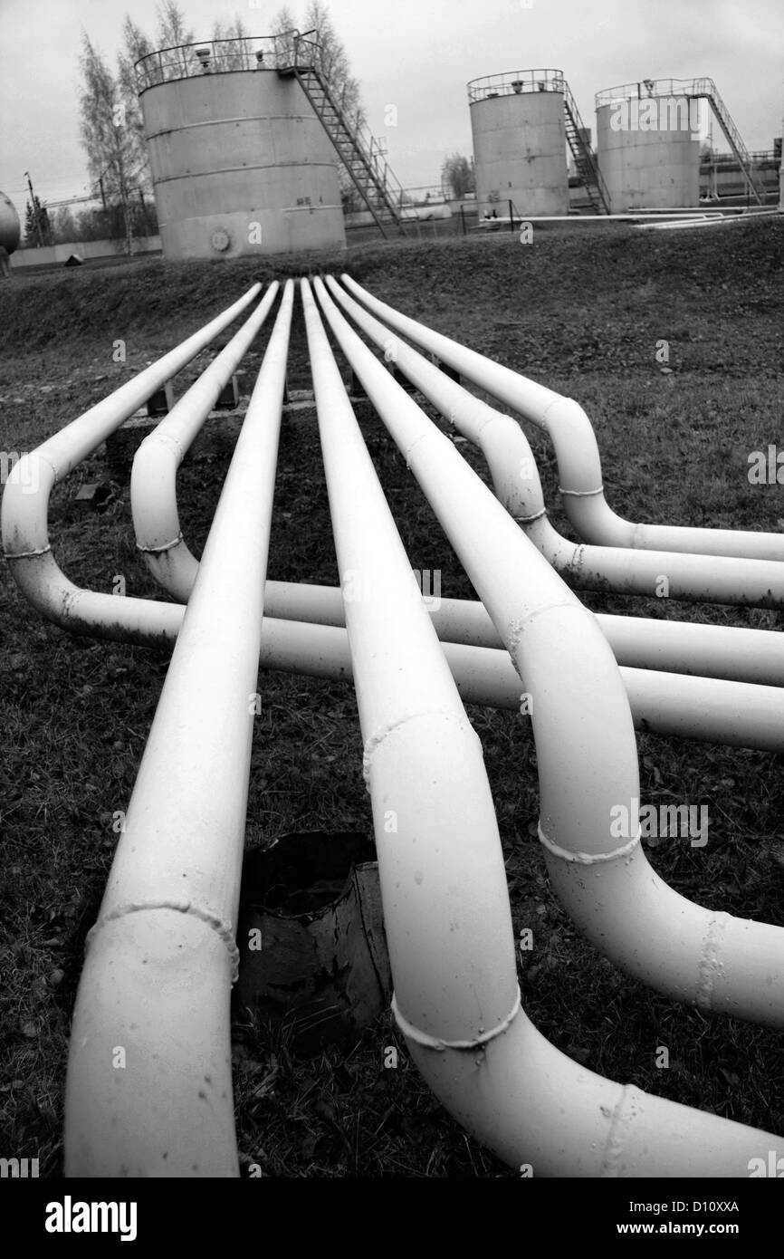 Fuel (oil) pipes in territory of a petrofactory Stock Photo