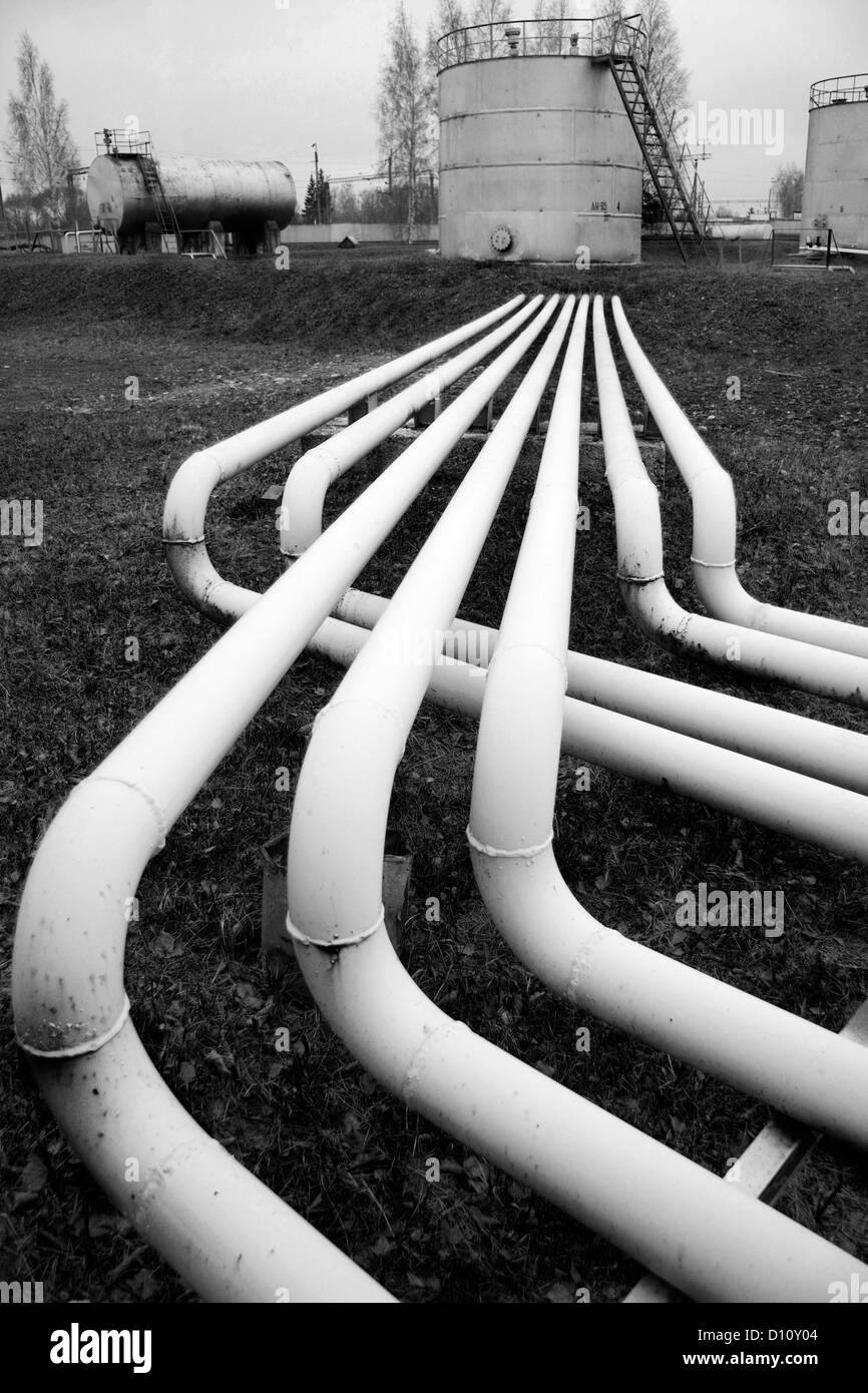 Fuel (oil) pipes in territory of a petrofactory Stock Photo