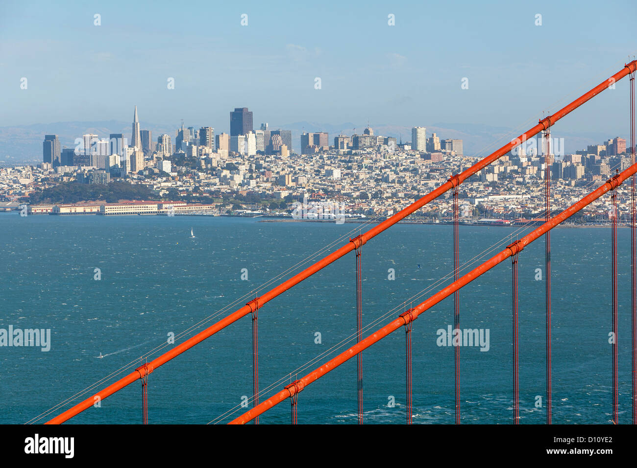 The San Francisco Golden Gate Bridge and the San Francisco Skyline. Stock Photo
