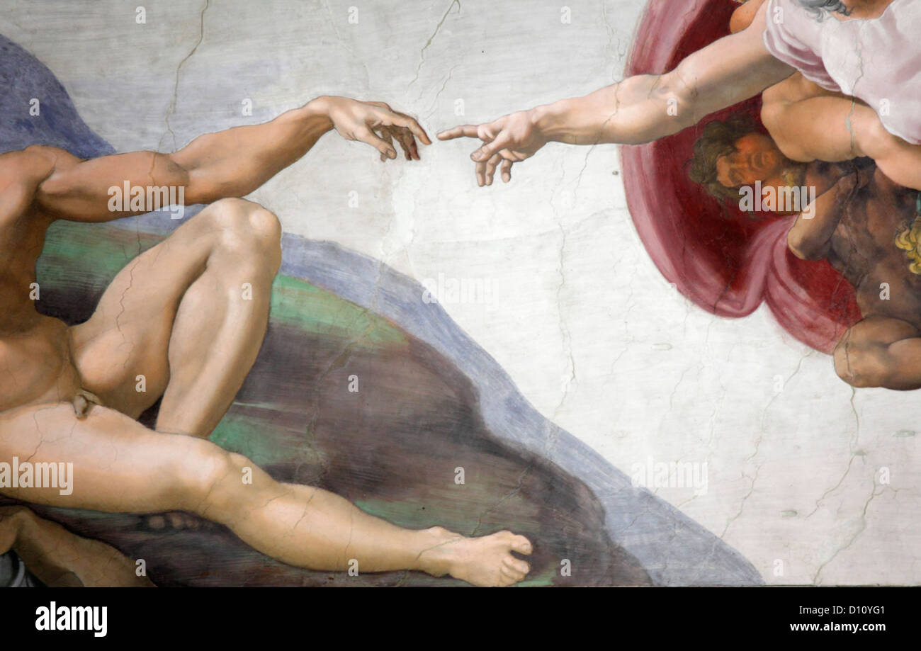 The Creation of Adam by Michelangelo at the Sistine chapel, Vatican, Rome, Italy Stock Photo