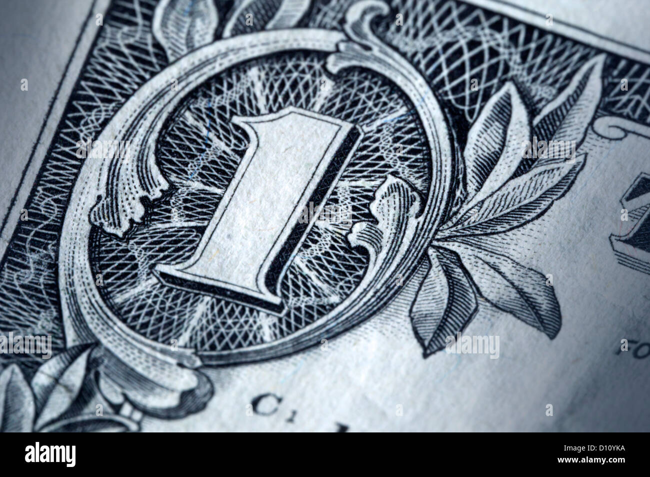Detail of the numeral one on a US dollar. Stock Photo