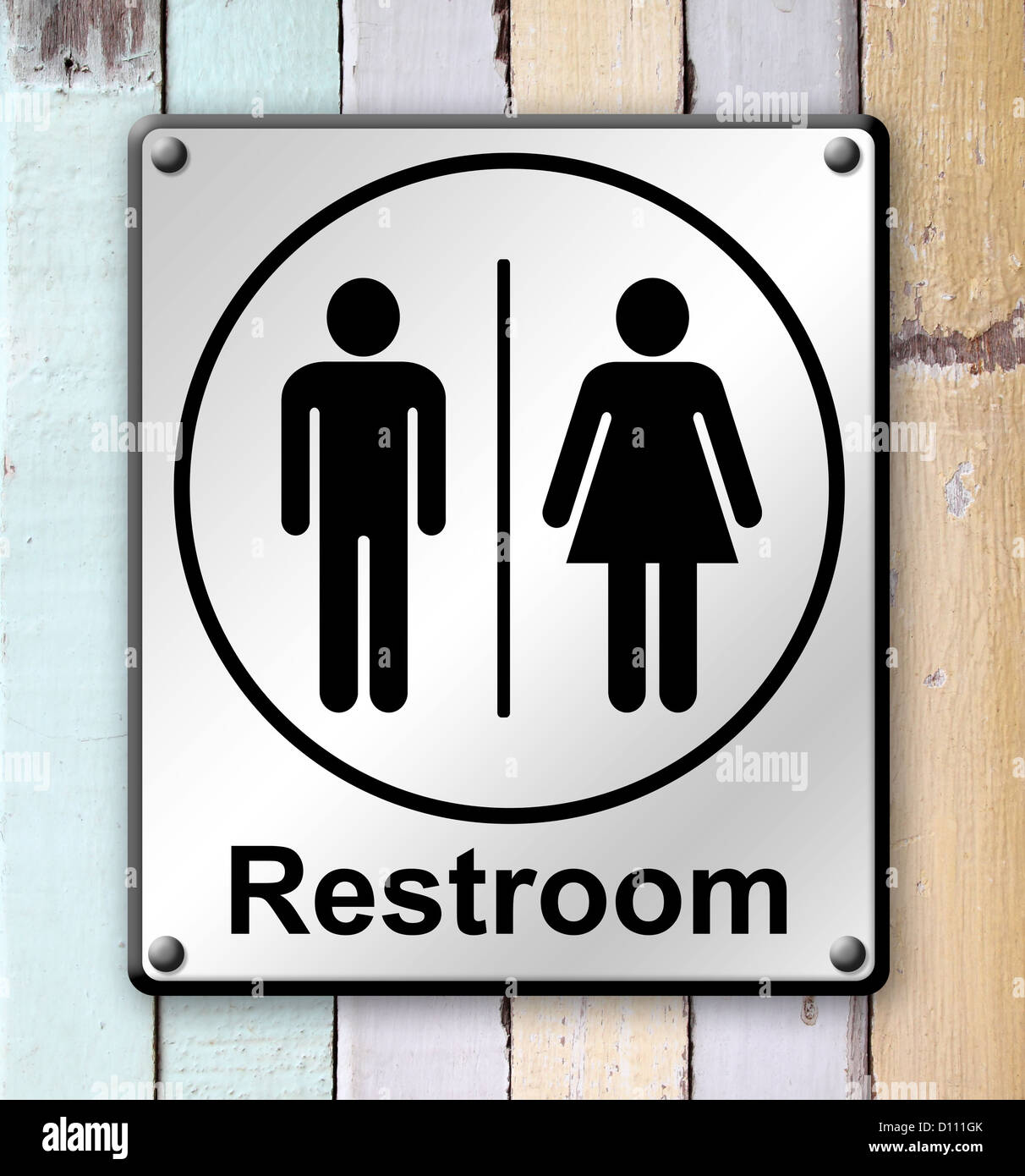 restroom sign on old colour wooden wall background Stock Photo