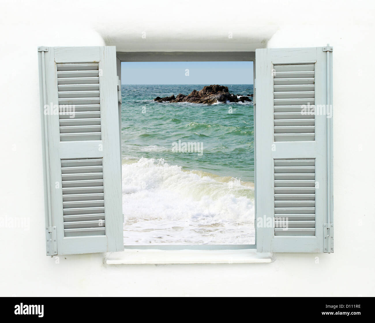 Greek style window with sea view Stock Photo