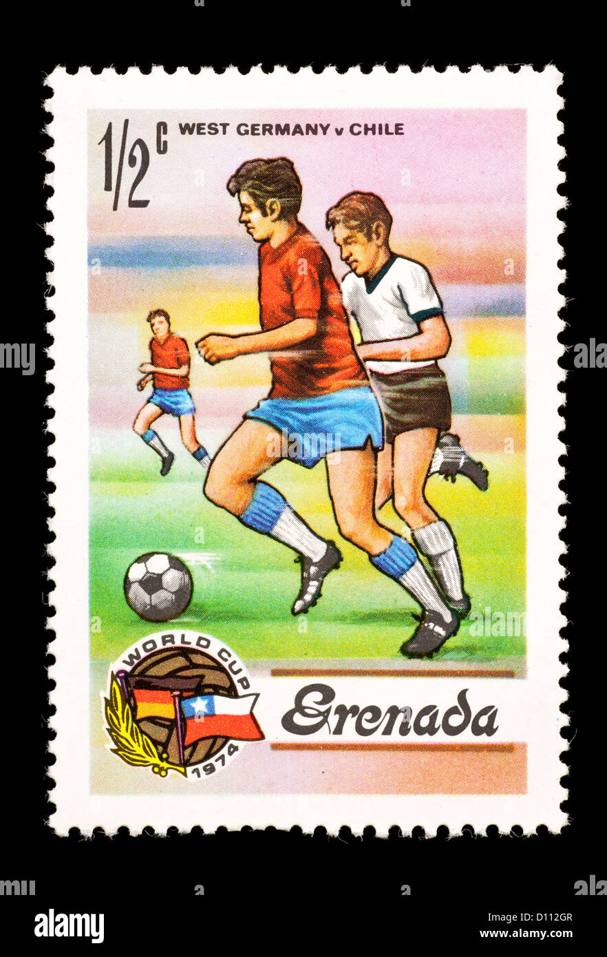 Postage stamp from Grenada depicting two soccer players, issued for the 1974 World Cup. Stock Photo
