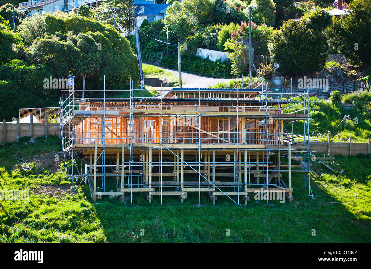 A new timber framed house being built at Lyttelton, Christchurch, South Island, New Zealand. Stock Photo