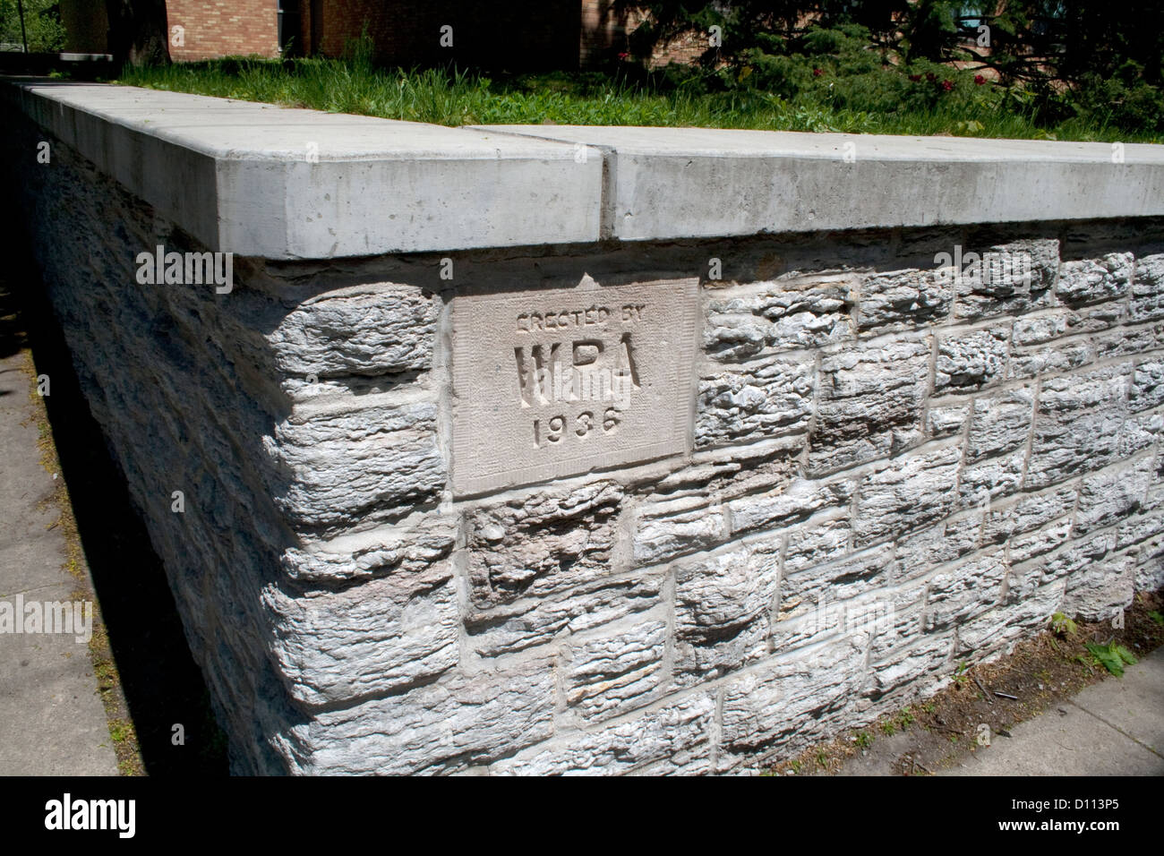 WPA Works Project Administration 1936 sign on brick wall outside of Horace Mann Elementary School. St Paul Minnesota MN USA Stock Photo
