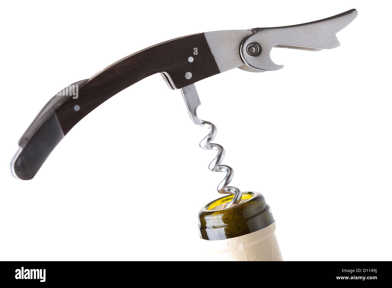 Corkscrew in a wine bottle. Isolated on white background Stock Photo ...