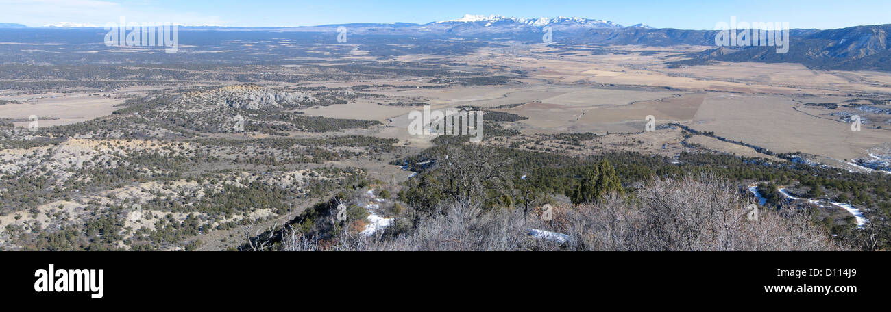 A panoramic view of Mesa Verde National Park's Chapin Mesa, with a view of the Ute Mountains in the background. Stock Photo