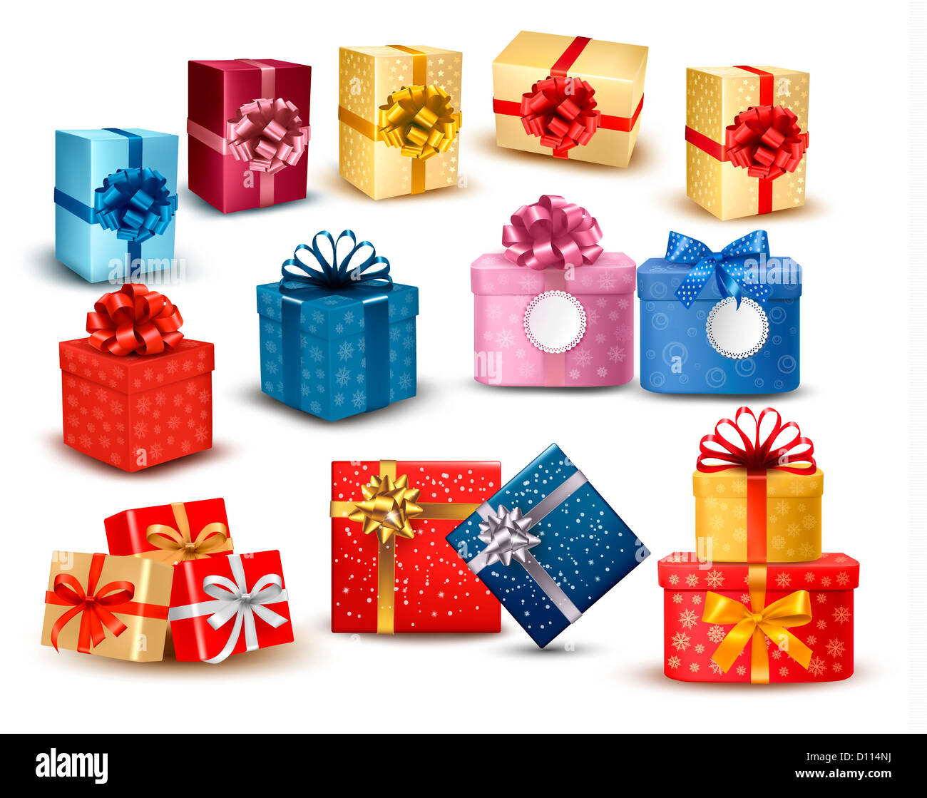Set of colorful gift boxes with bows and ribbons Stock Photo - Alamy