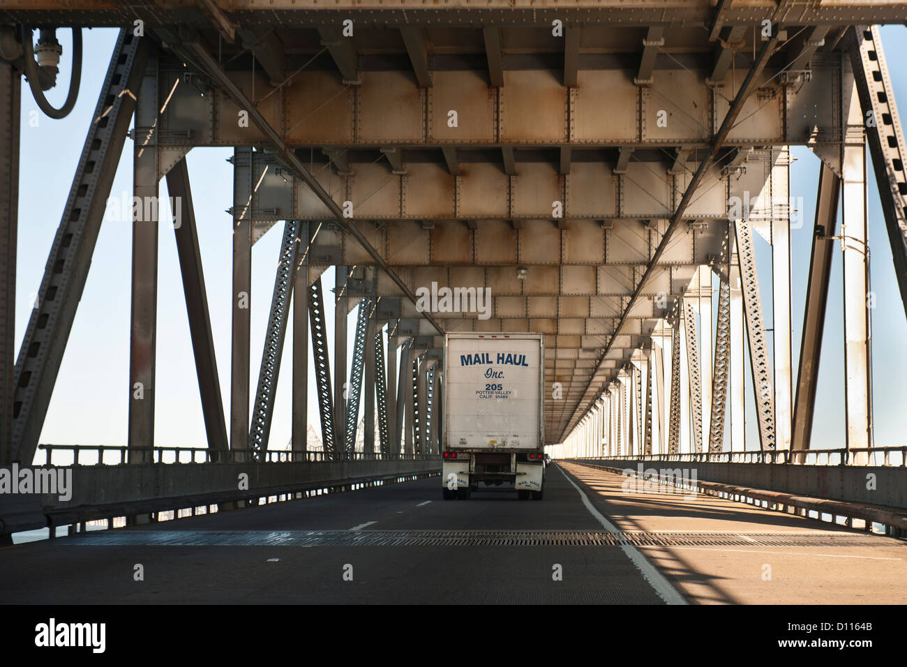 Mail truck on the lower section of the Richmond-San Rafael Bridge Stock Photo