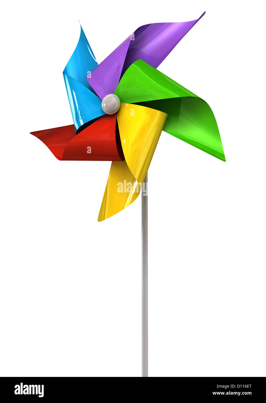 A perspective view of a regular toy pinwheel windmill with five differently colored vanes on a stick on an isolated background Stock Photo