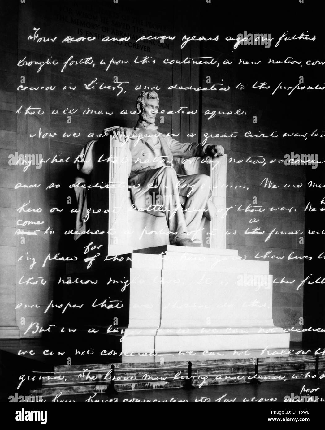 HANDWRITTEN GETTYSBURG ADDRESS SUPERIMPOSED OVER STATUE AT LINCOLN MEMORIAL Stock Photo