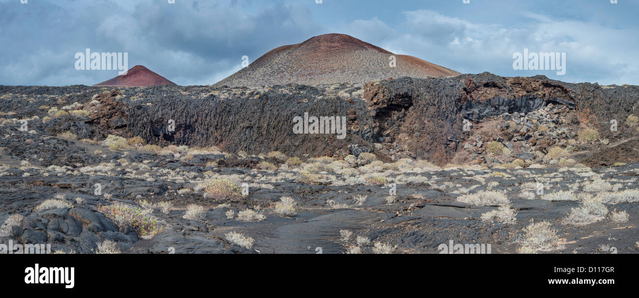 Panoramic view of the coastal lava platform, cliffs and volcanic cones from west of La Restinga, El Hierro, Canary Islands Stock Photo
